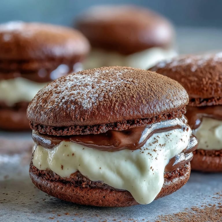 Homemade Tiramisu Whoopie Pies are displayed on a wire rack with a bowl of mascarpone filling and cocoa powder.