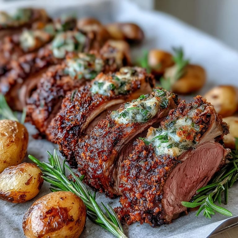 Rustic One-Pan Roast Rack of Lamb and Green Olive Potatoes on a baking sheet, ready for a romantic dinner.