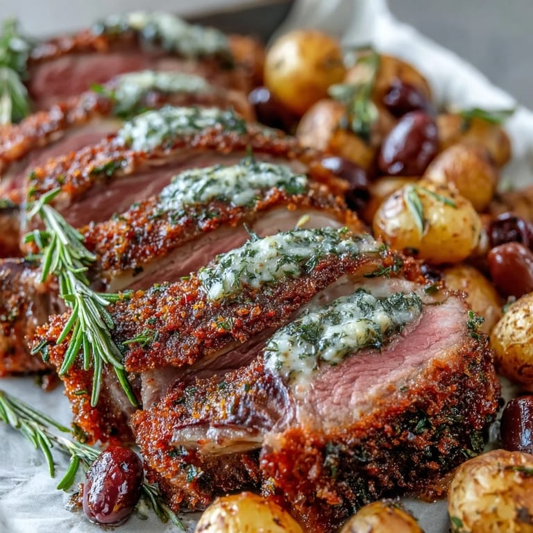 Tender One-Pan Roast Rack of Lamb and Green Olive Potatoes served plated with parsley and lemon zest garnish.