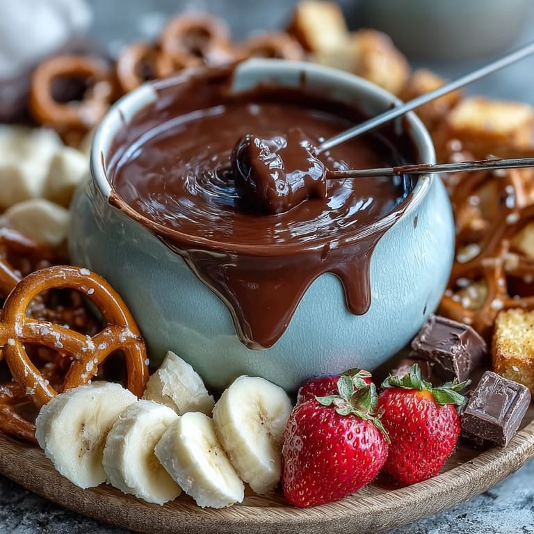 Steaming Boozy Chocolate Fondue in a rustic fondue pot surrounded by pound cake cubes and colorful fruit slices.