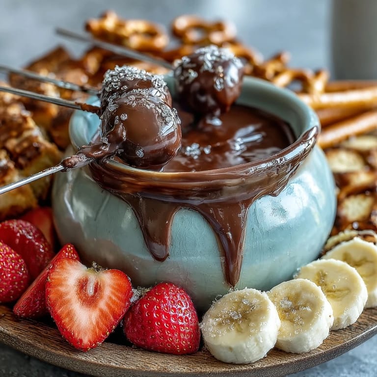 Decadent Boozy Chocolate Fondue served with marshmallows, pretzel sticks, and sliced bananas on a cozy party platter.