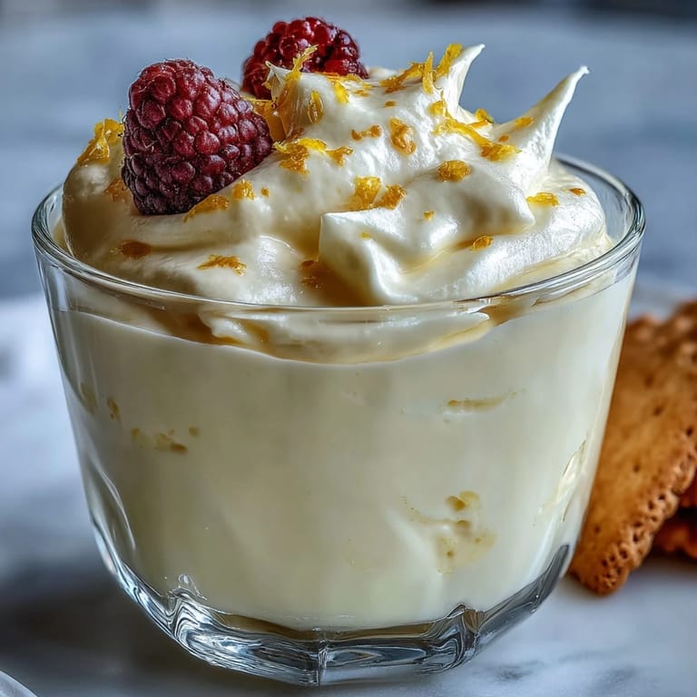 Layered Lemon Fool dessert in a stemmed glass, topped with fresh berries and powdered sugar for a sweet, tangy finish.