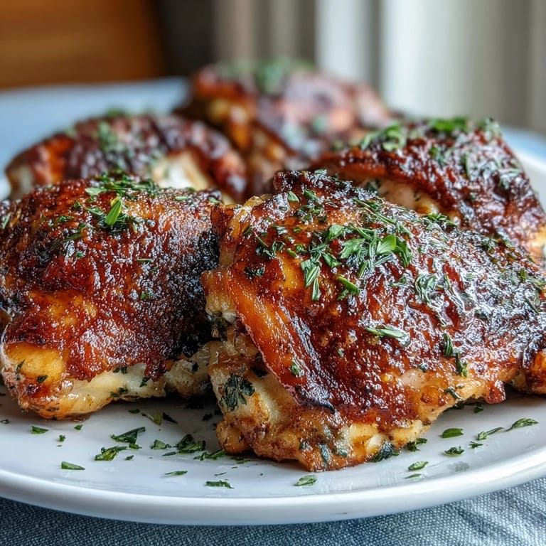 Freshly baked crispy bone-in chicken thighs garnished with parsley and lemon wedges on a platter.
