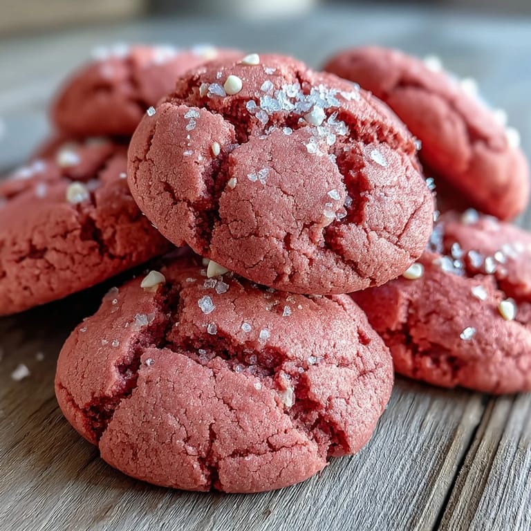 Close-up of soft, chewy Pink Velvet Cookies featuring a vibrant pink hue and gooey white chocolate.