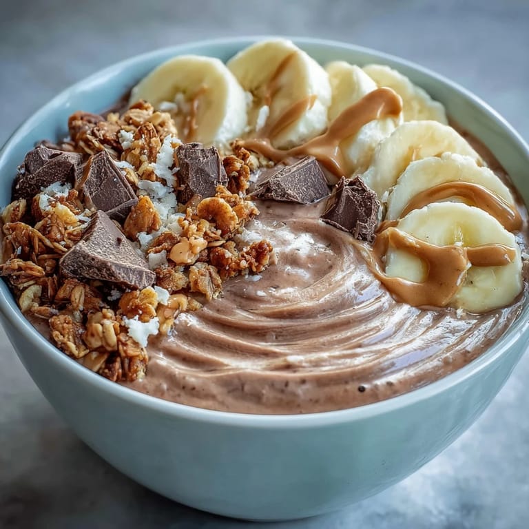 Rich cocoa and nutty peanut butter blend into a spoonably thick base, garnished with fresh banana and crunchy chocolate granola.