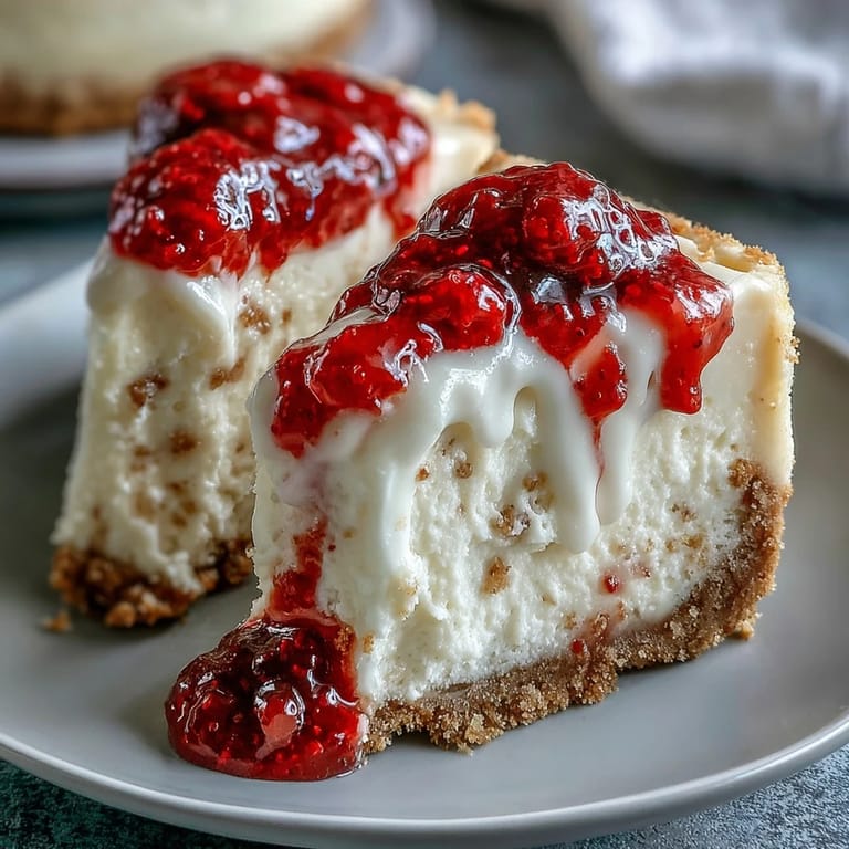 Fresh raspberry swirls and white chocolate shavings garnish the rich, homemade cheesecake for a beautiful dessert presentation.