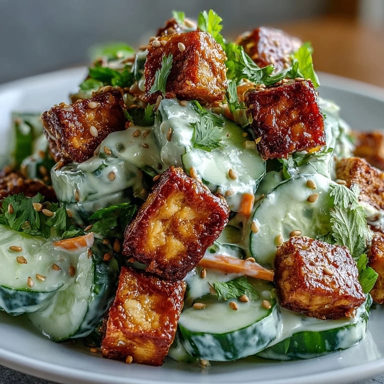 A fork-ready serving of Creamy Asian Cucumber Salad with Crispy Tofu features golden tofu cubes and fresh herbs on a white plate.
