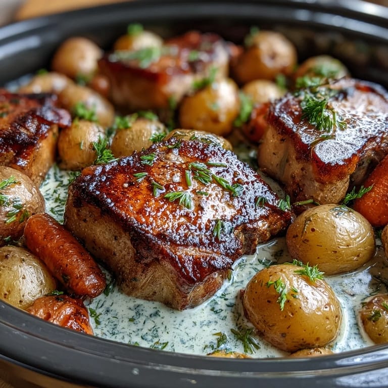 The Crockpot Ranch Pork Chops sit in a slow cooker with golden seared meat and rich gravy.