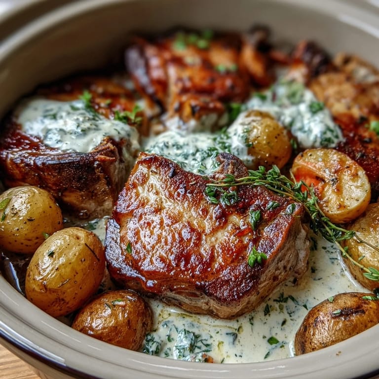 Golden brown Crockpot Ranch Pork Chops with carrots and potatoes, ready to serve for a family dinner.