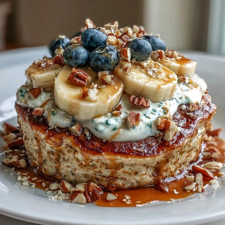 A spoon views the golden Protein Pancake Bowl topped with nuts and a honey drizzle on a rustic table.