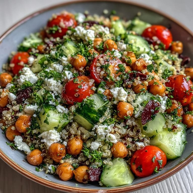 Hearty High Protein Quinoa & Chickpea Salad tossed with tomatoes, cucumber, and a zesty lemon dressing.