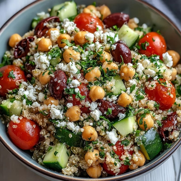 Mediterranean-inspired High Protein Quinoa & Chickpea Salad served on a white plate, ready for a nutritious lunch.