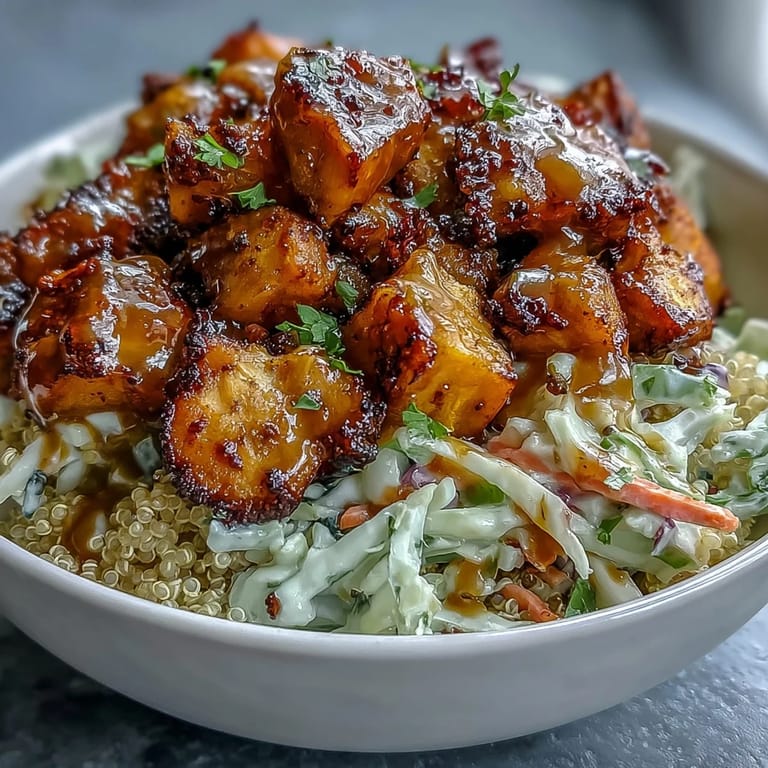Fluffy quinoa and crunchy red cabbage slaw top the Hot Honey Chicken Bowl for a balanced meal.