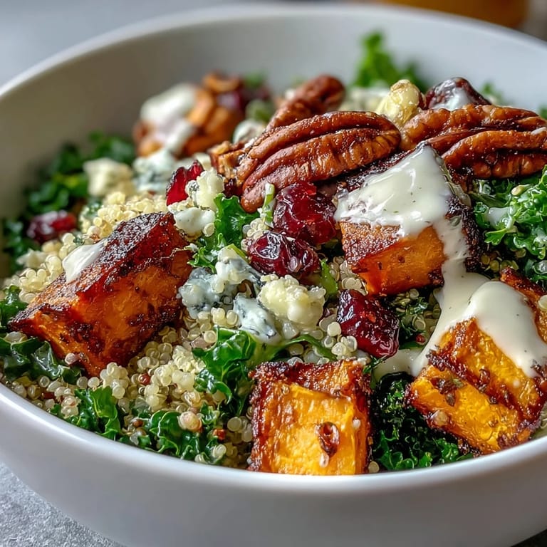 Veggie-packed Harvest Kale Quinoa Bowl topped with crunchy pecans, dried cranberries, and crumbled blue cheese on fluffy quinoa.