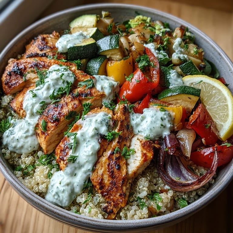 A finished bowl of paprika herb chicken roasted vegetable quinoa, garnished with parsley and a lemon wedge for brightness.