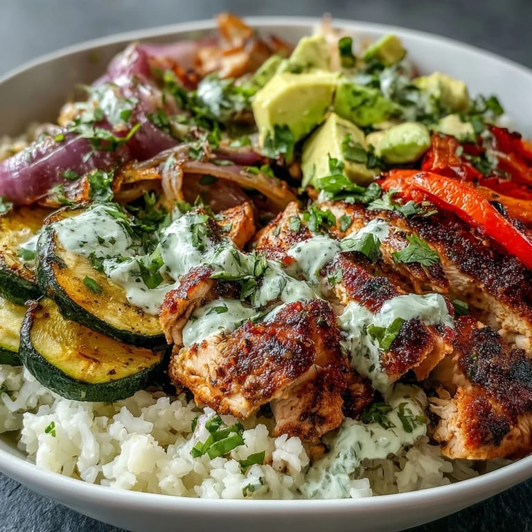 Tender chicken, bell peppers, and onions topped a bowl of fluffy rice with fresh avocado and cilantro garnish.