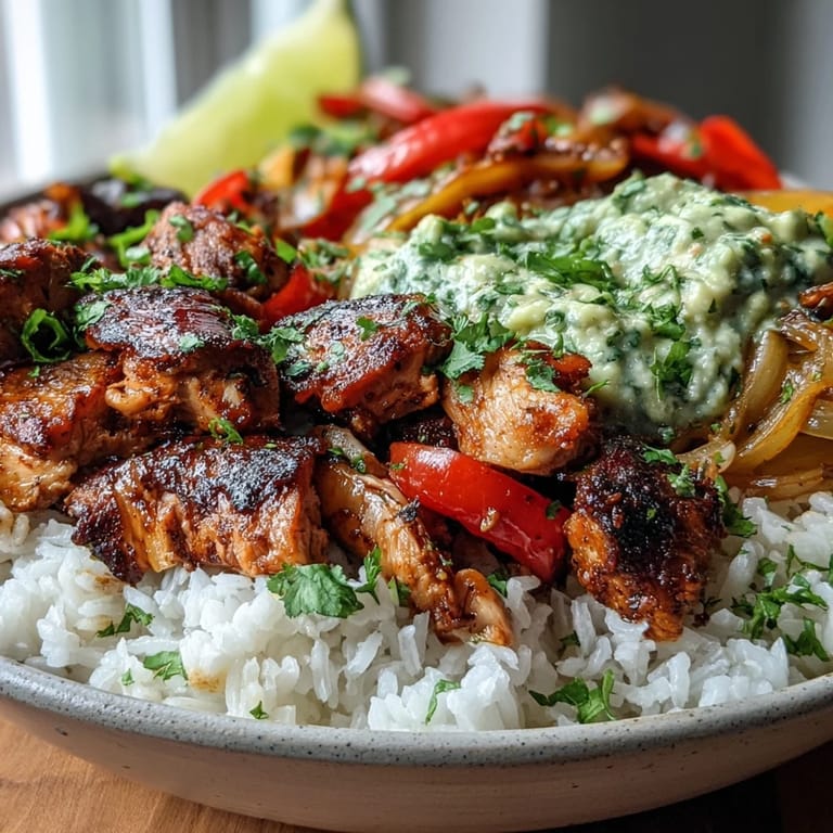 A finished Sheet Pan Chicken Tinga Bowl with fluffy rice, charred chicken, and a chunky avocado salsa topped with lime.