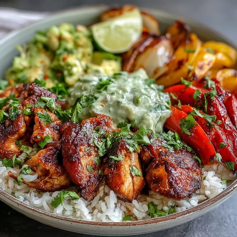Close-up of the Sheet Pan Chicken Tinga Bowl showing juicy chicken thighs and colorful roasted veggies ready to serve.