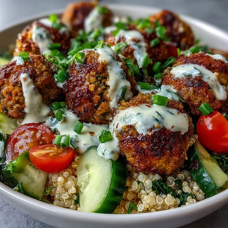 Drizzled with creamy garlic tahini sauce, the vibrant Falafel Quinoa Salad Bowl offers a fresh, satisfying vegetarian and gluten-free meal.