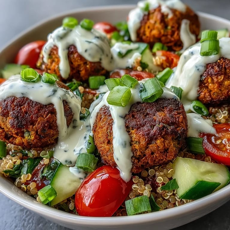 Fluffy quinoa forms the base for golden falafel, fresh veggies, and tangy tahini dressing in this colorful Falafel Quinoa Salad Bowl.