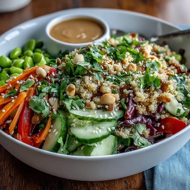 Close-up of a nutritious Thai Coconut Quinoa Bowl with julienned carrots and red peppers, topped with sesame seeds and a drizzle of savory peanut sauce.