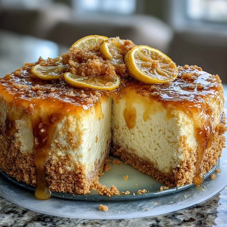 Layered lemon cheesecake in individual jars with graham cracker crust, garnished with vibrant raspberries and blueberries.