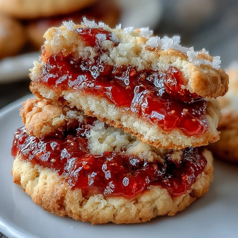 Buttery thumbprint cookies filled with bright, homemade strawberry jam, offering a delightful balance of sweetness and fruity freshness.