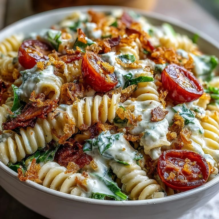 Fresh BLT pasta salad loaded with savory bacon, ripe avocado, and crisp romaine, perfect for summer gatherings or quick lunches.