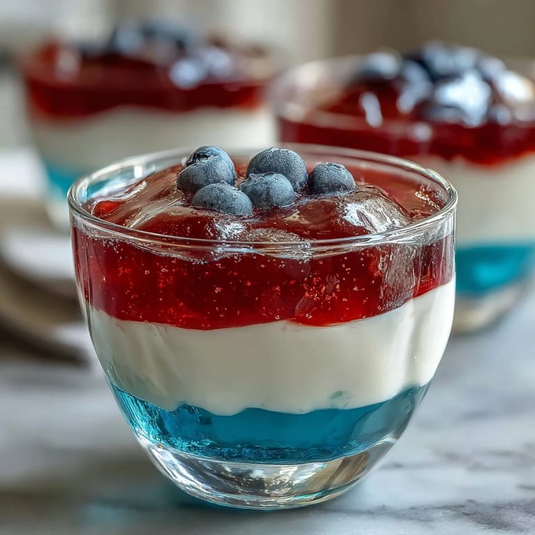 Festive Red, White, and Blue Layered Jello Cups with smooth, colorful stripes, chilled and ready for a patriotic celebration.
