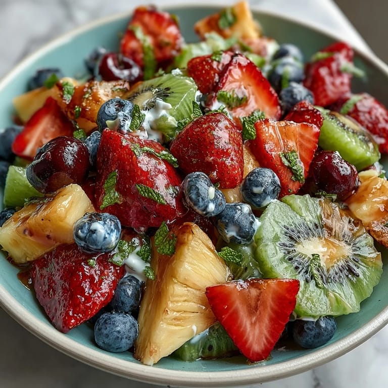 A refreshing Spring Fruit Table Platter with Dipping Yogurt Sauce, featuring juicy strawberries, pineapple, and grapes, perfect for brunch or light dessert with a sweet-tangy yogurt dip.