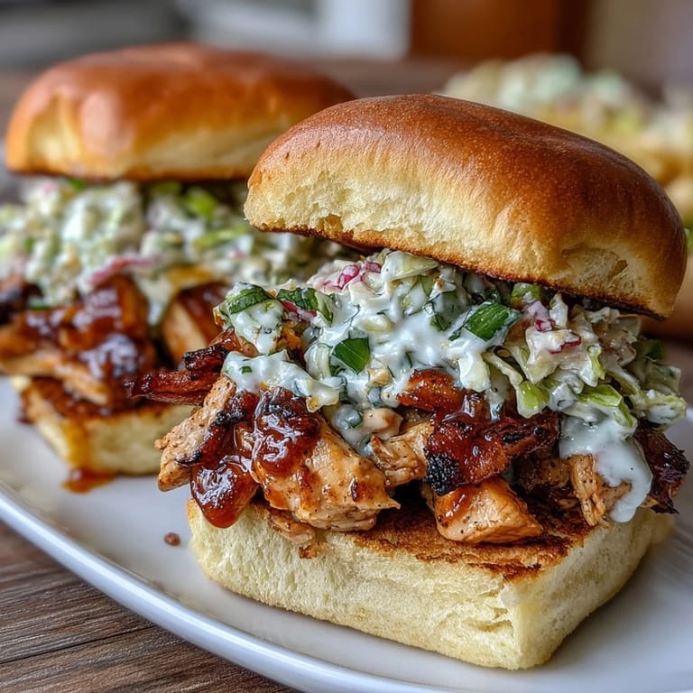 Savory shredded BBQ chicken piled high on slider buns, topped with crisp, colorful coleslaw for a summer feast.