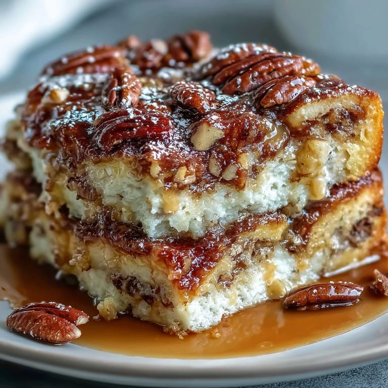 Maple-syrup-swirled pancake casserole topped with chopped walnuts, perfect for a sweet, satisfying breakfast or brunch.