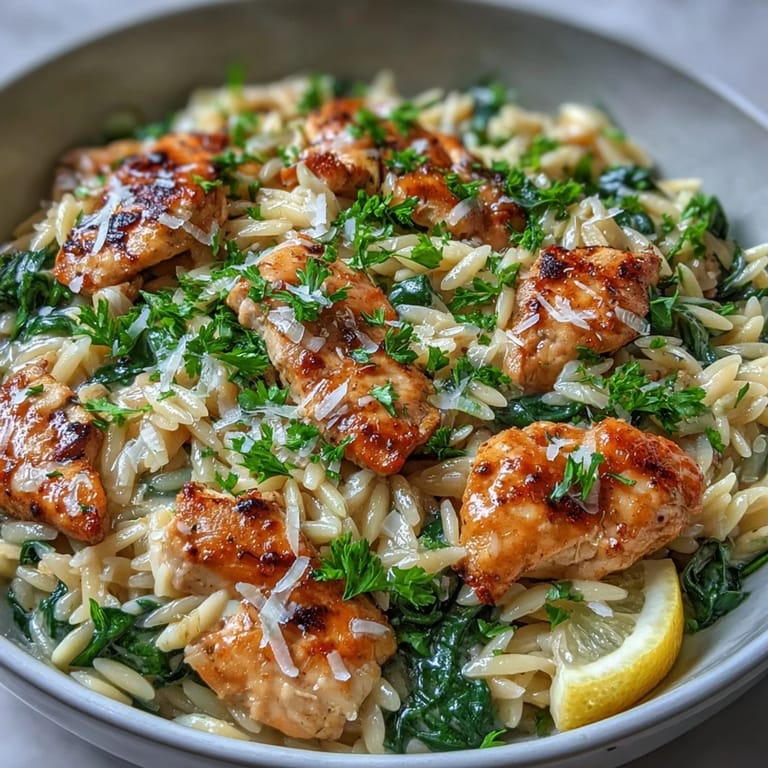 Creamy lemon orzo with golden chicken and wilted spinach, garnished with parsley and Parmesan, for a Mediterranean-inspired dinner that's both easy and elegant.