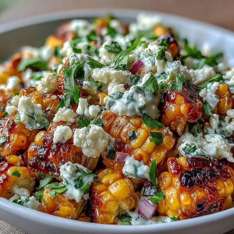 Tangy and creamy Mexican Street Corn Salad featuring smoky charred corn, red bell pepper, and crumbled Cotija cheese.