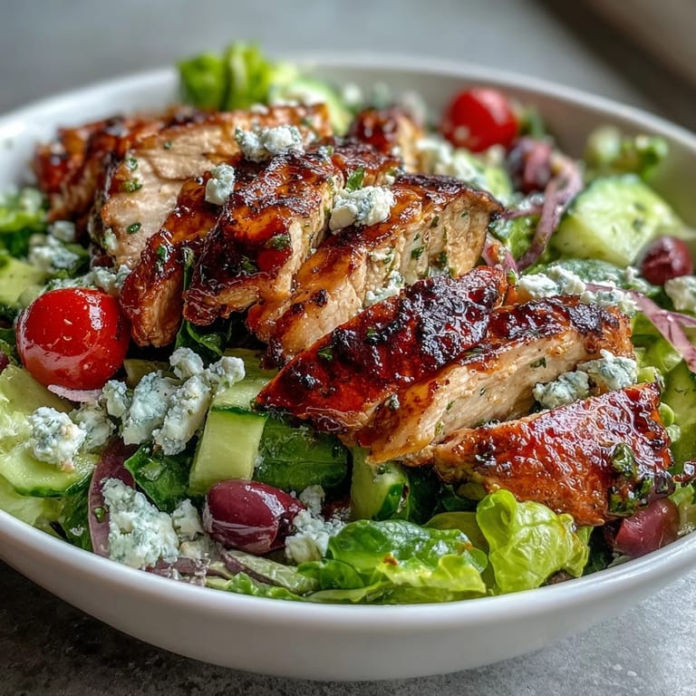 Vibrant Greek salad with grilled chicken, feta cheese, and olives, drizzled with zesty lemon-oregano dressing for a refreshing meal.