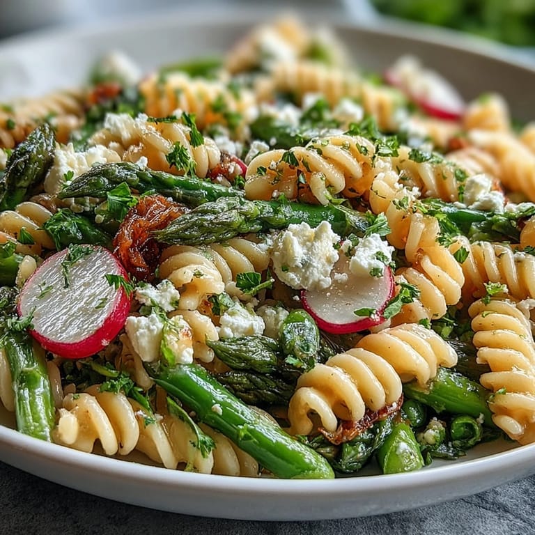 Colorful spring pasta salad with lemon vinaigrette and radishes, featuring fresh asparagus, sugar snap peas, and baby spinach.