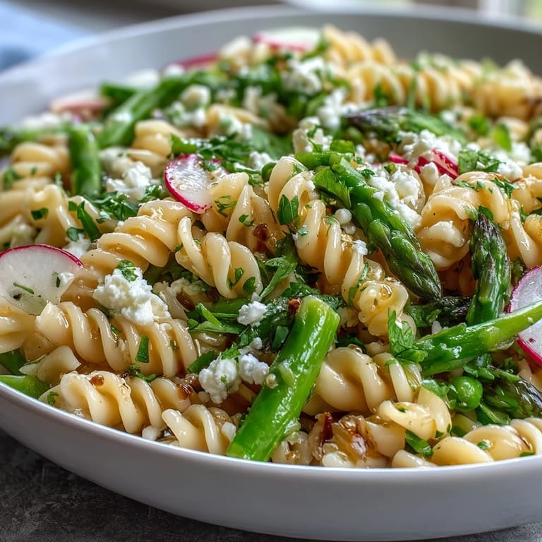 Vibrant pasta salad with lemon vinaigrette and radishes, tossed with seasonal vegetables and herbs for a refreshing, tangy bite.