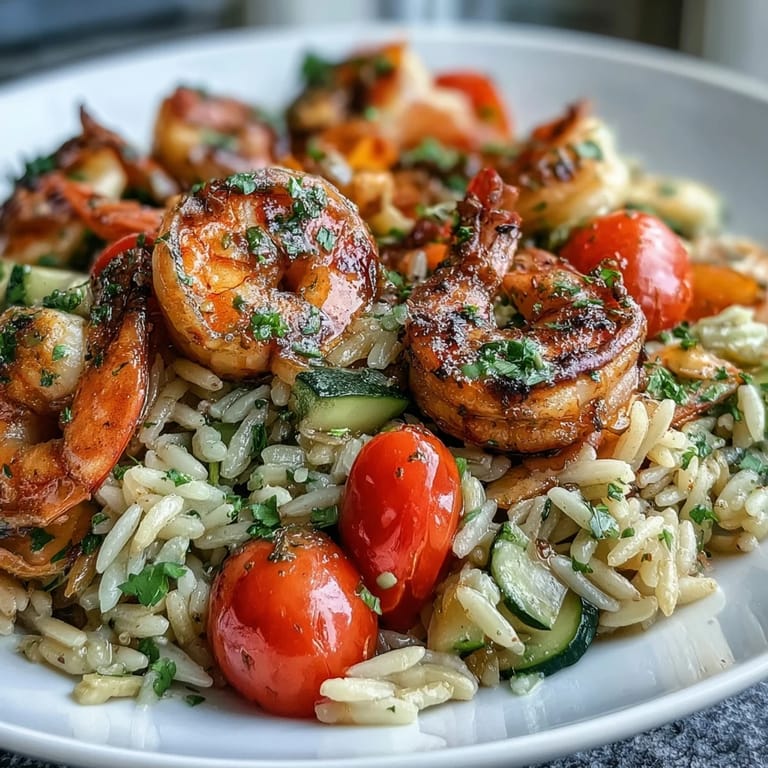 Succulent shrimp and orzo pasta simmered with cherry tomatoes, zucchini, and bright lemon butter for a Mediterranean-inspired meal.