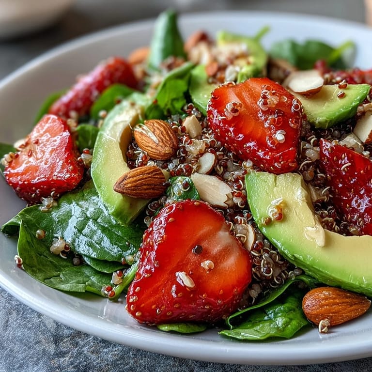Refreshing quinoa salad featuring ripe strawberries, diced avocado, and toasted nuts for a nutritious, colorful dish.  