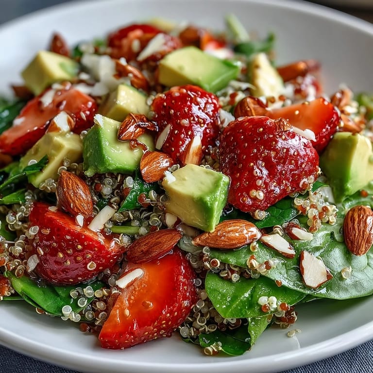 Healthy strawberry avocado quinoa salad with zesty lemon dressing, perfect for a light vegetarian lunch or side.