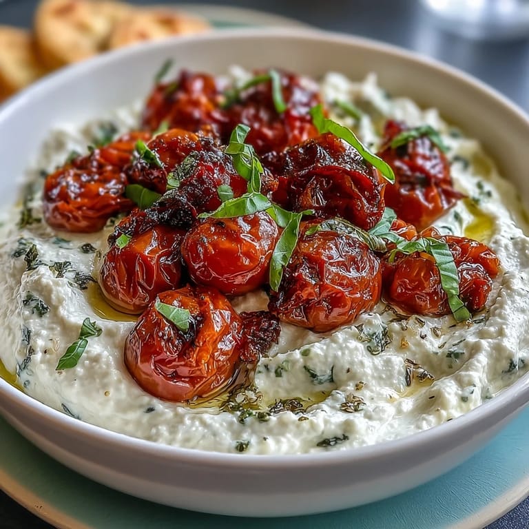Tangy whipped feta spread with blistered cherry tomatoes, perfect for serving with warm pita bread or gluten-free crackers.