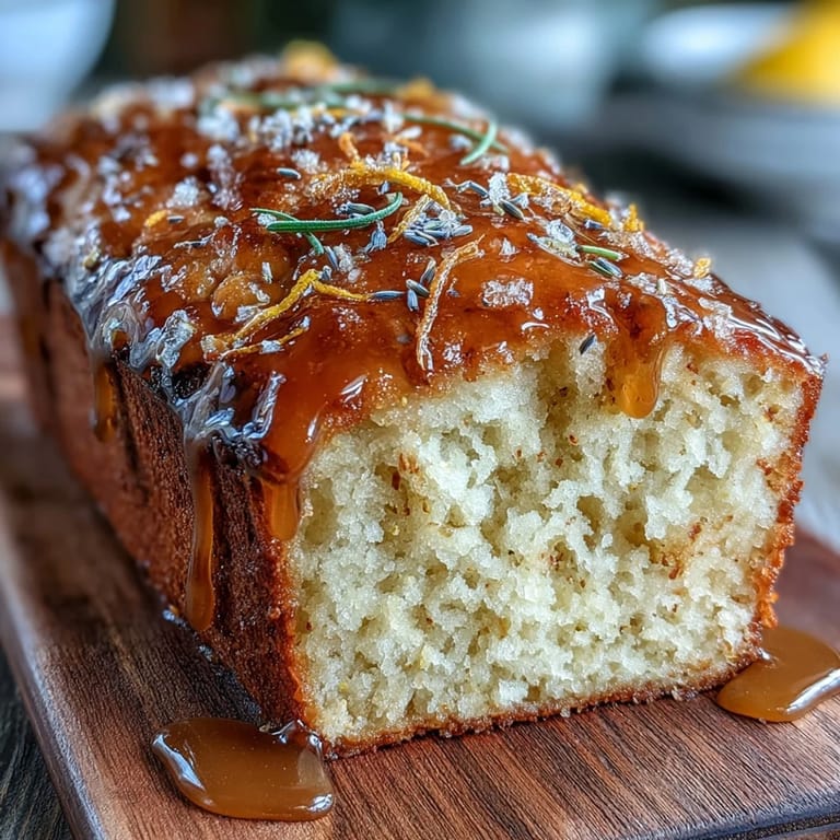 Golden lemon lavender cake topped with a sweet honey drizzle, infused with zesty citrus and calming lavender blossoms.  
