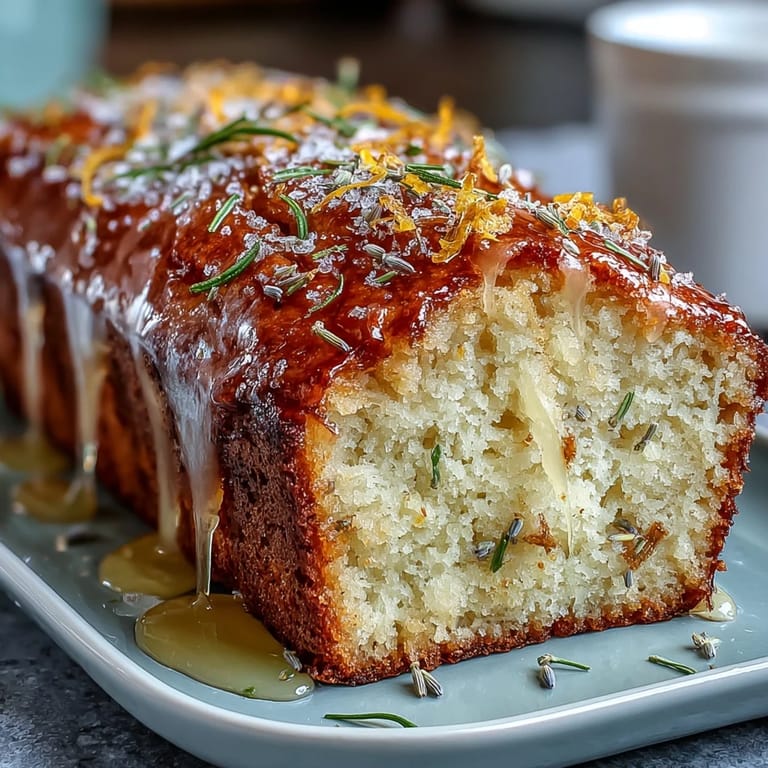Elegant lemon lavender loaf with glossy honey glaze, offering a delicate balance of bright citrus and soothing floral notes.