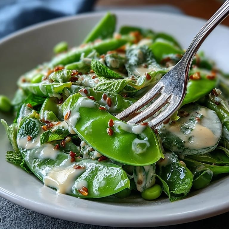 Fresh spring salad featuring snap peas, radishes, and mint, drizzled with zesty lemon tahini dressing.  