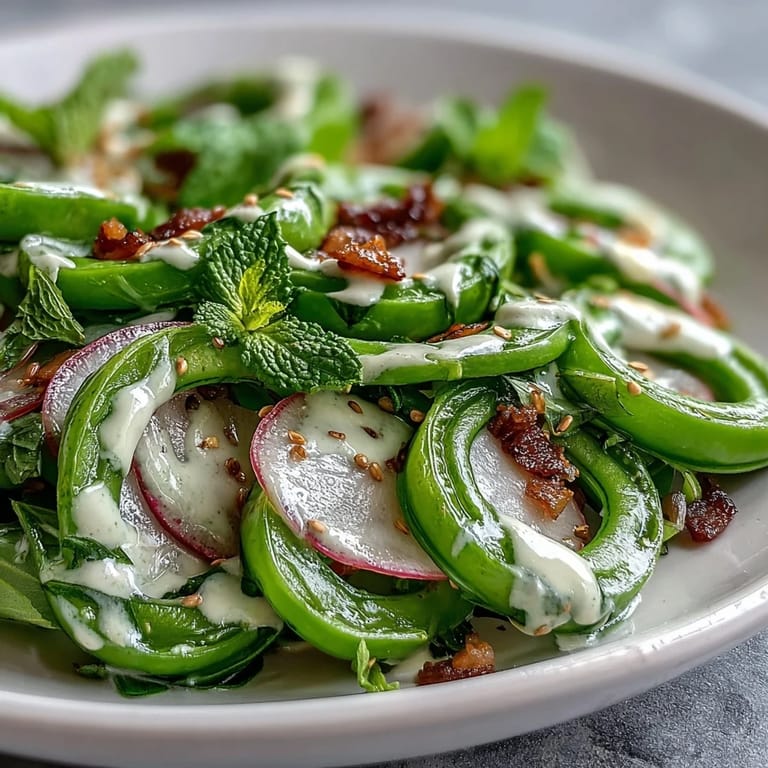 Bright, crunchy snap pea and radish salad tossed with herbs and a smooth, creamy tahini sauce.