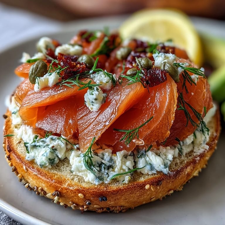 This vibrant bagel board features toasted bagels, whipped chive cream cheese, and smoked salmon garnished with dill, cucumbers, and cherry tomatoes.