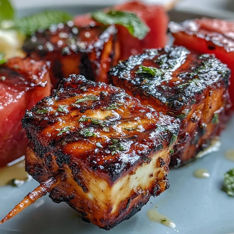 Savory halloumi cheese grills to perfection alongside sweet watermelon and crisp red onion, garnished with aromatic fresh mint.