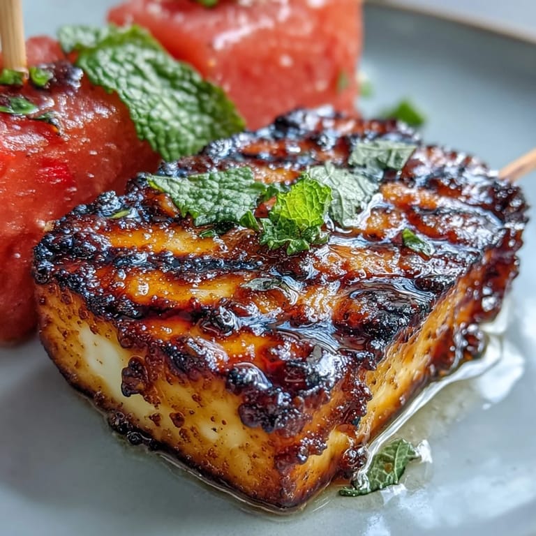 Bright, colorful skewers combine golden halloumi, juicy watermelon, and fresh mint for a refreshing vegetarian appetizer perfect for grilling season.