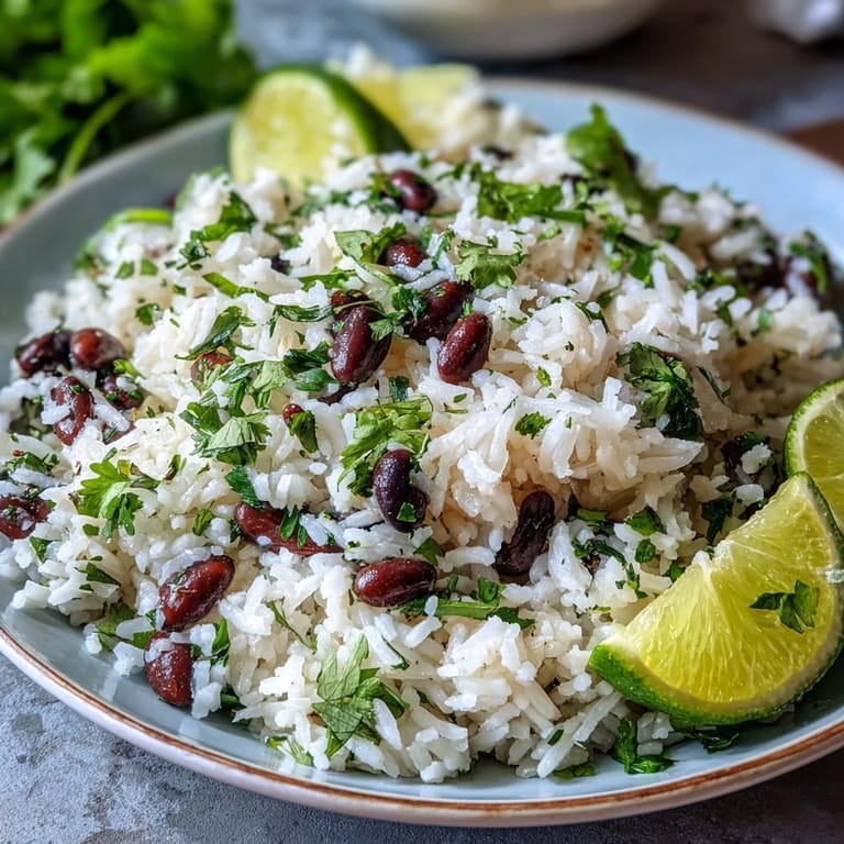 Creamy coconut lime rice dish, topped with fresh cilantro and hearty black beans.