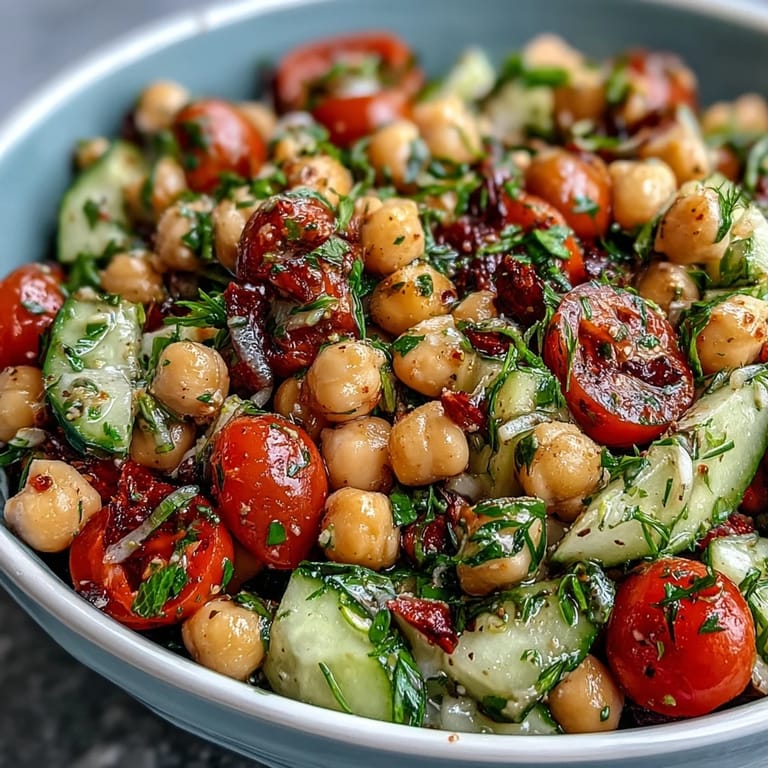 Healthy Mediterranean Chickpea Salad with zesty lemon, herbs, and crisp veggies.